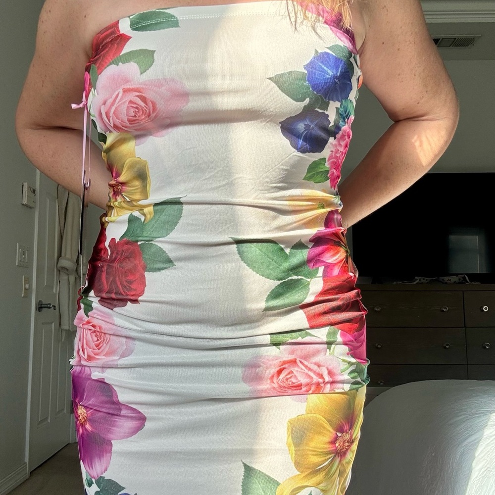 Madden Girl Strapless Floral Dress - Pink, Yellow, Blue